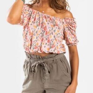NEW Coco + Jaimeson Floral Ruche Sleeve Off Shoulder Crop Top XL